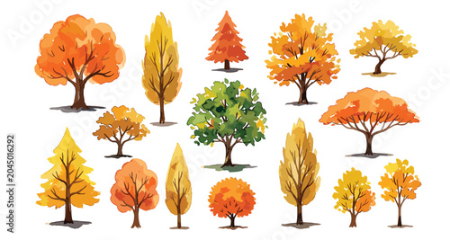 Photos Autumn trees vector watercolor illustration set