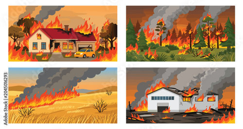 Fotografie Wildfire and building fire disaster vector illustration set