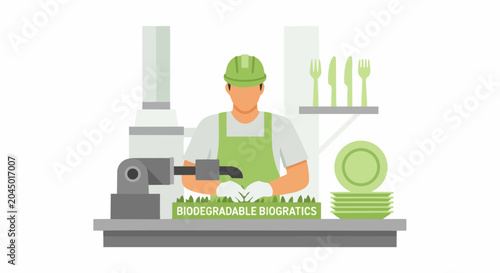 Worker in Sustainable Factory Manufacturing Biodegradable Eco-Friendly Tableware and Green Plastic Alternatives