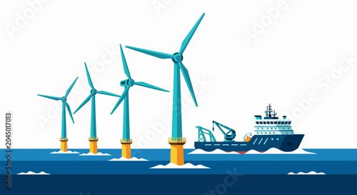 Vector Illustration of an Offshore Wind Farm with a Maintenance Vessel and Wind Turbines at Sea, Highlighting Renewable Energy and Sustainable Power Technology