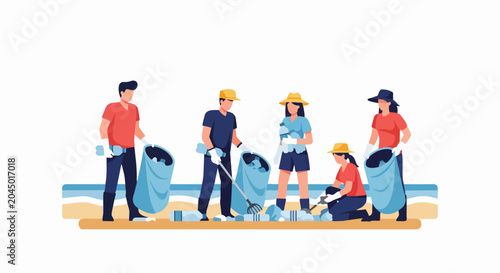 Group of Volunteers Cleaning Up Plastic Waste and Bottles on Beach Flat Vector Illustration. Environmental Protection and Community Service Concept.