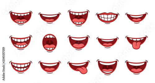 Cartoon mouth expressions vector icon set. Red lips with white teeth, laughing, smiling, sticking out tongue, shouting and various happy facial emotional elements.