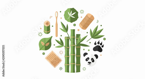 Eco-Friendly Bamboo Lifestyle Vector Illustration Featuring Sustainable Products, Panda Face, and Green Leaves in a Circular Design