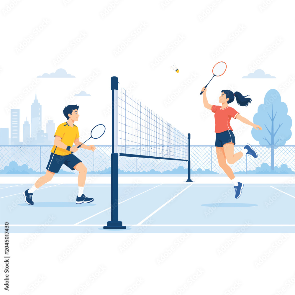 Fototapeta premium Badminton Players Court Match Vector