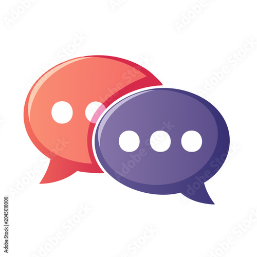 Two overlapping speech bubbles, red and purple, with white dots