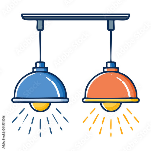 Two colorful pendant lights with light rays