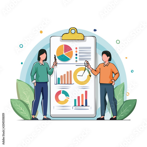 Two people analyzing business charts and graphs on a clipboard