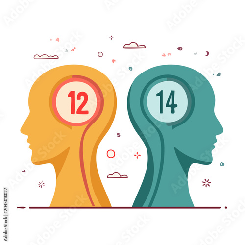 Two heads with numbers 12 and 14, flat design concept