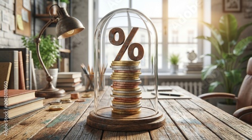 Coins Stack with Percent Sign under Glass Dome on Wooden Desk in Office