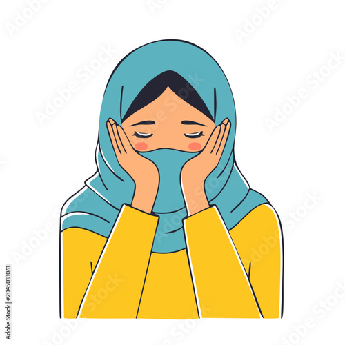 Woman in hijab with hands on face, illustration