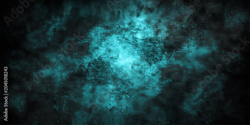 Foto Abstract Energy Burst: An intense explosion of bright teal energy radiates outwards, creating a dynamic and mesmerizing visual effect against a dark, textured background, evoking power and mystery