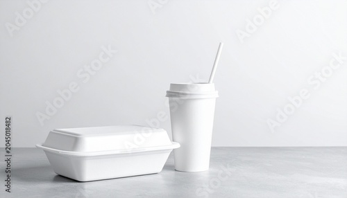   
White rectangular box and disposable cup with lid and straw on a light gray background, symbolizing minimalism, modern design, and product versatility.