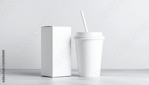   
White rectangular box and disposable cup with lid and straw on a light gray background, symbolizing minimalism, modern design, and product versatility.
