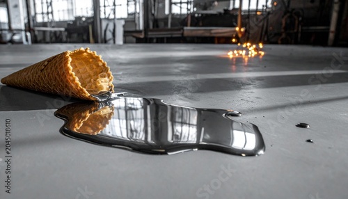 Ice cream cone spilling metallic liquid on gray concrete in an industrial setting, symbolizing transformation, fragility, and surreal contrast between playfulness and technology.