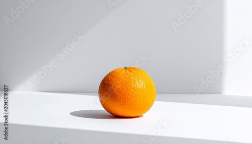 Single bright orange with textured peel and green stem on a white surface under natural light, symbolizing freshness, simplicity, and vitality.