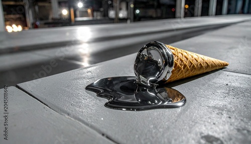 Ice cream cone spilling metallic liquid on gray concrete in an industrial setting, symbolizing transformation, fragility, and surreal contrast between playfulness and technology.