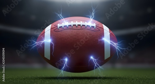 American football floating in air with dynamic electrical bolts on stadium field.