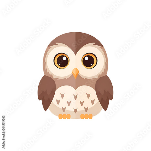 Adorable brown owl cartoon character illustration with wildlife character illustration feathers predator nocturnal creature minimalist isolated background