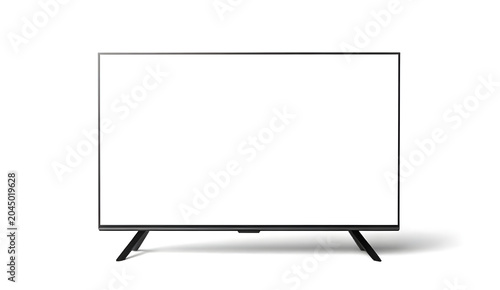 Modern flat screen TV, blank screen, black frame, sleek television, display mockup