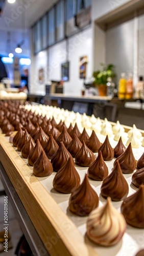 Neat Rows of Chocolate and White Meringue Kisses Displayed on Wooden Counter in Modern Dessert Shop