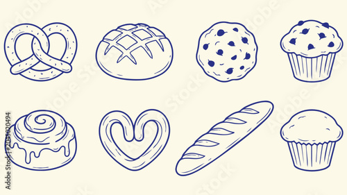 Quadro su tela Hand drawn bakery pastry collection featuring pretzel bread cookie muffin cinnam