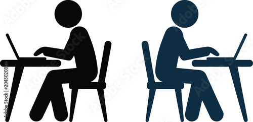 Schilderij op canvas Person working, on laptop icon set, two desk sitting figures representing remote work office job productivity and digital work concept
