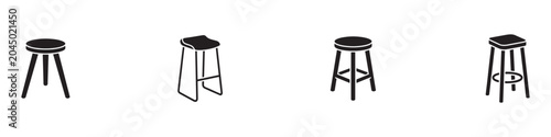 Modern and vintage stool icon set. Bar stool, tripod stool, classic wooden stool, and modern padded seat. Vector illustrations.
