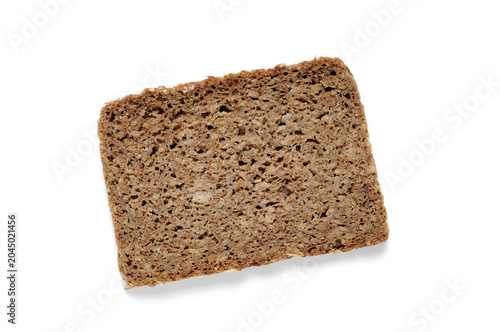 Single Slice of rye bread top view on white background