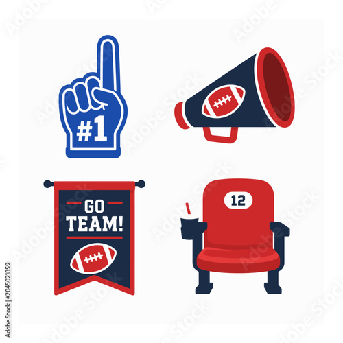 American Football Fan Gear and Stadium Cheer Icons Vector Illustration