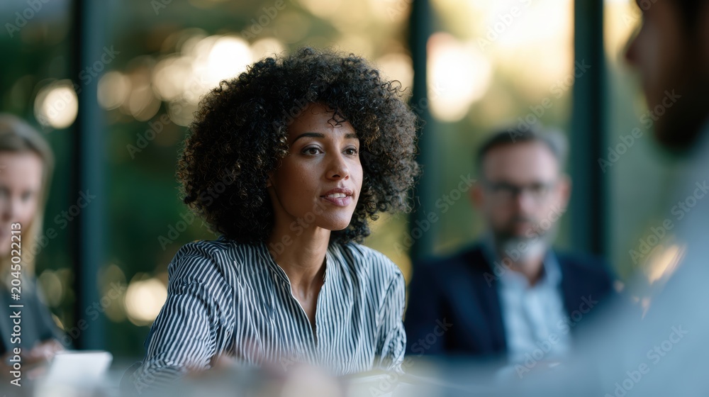 Fototapeta premium corporate diversity meeting, black woman manager leads diverse corporate team in glass office, fostering authentic teamwork and collaboration in premium photographic style