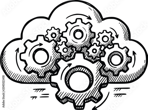 hand drawn cloud computing gears network processing conceptual illustration in black fill style with zero white fills