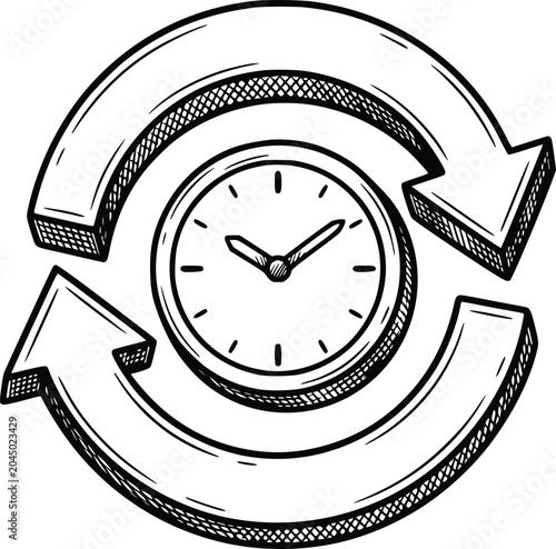 black fill hand drawn style clock vector illustration featuring a refresh loop and countdown process with transparent background and no white fills