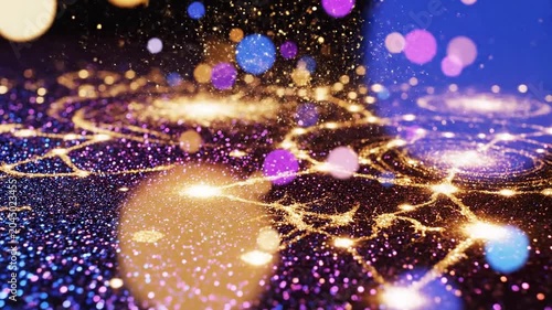 Golden celestial patterns and shimmering bokeh lights illuminating a purple and blue glittery surface with glowing connective lines and out of focus circular lens flares.