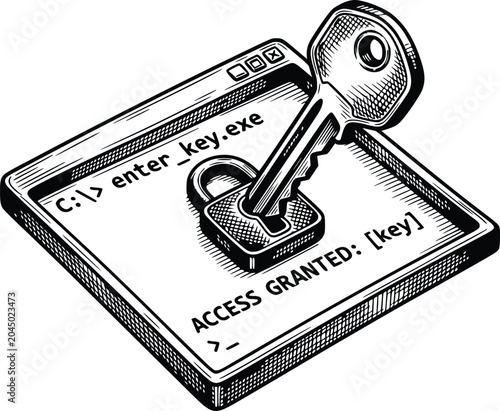 black fill hand drawn style illustration of a computer window with enter key exe terminal command line a real key unlocking a padlock showing access granted message with no white fills