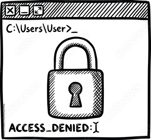 black hand drawn terminal window with a closed padlock and access denied text vector concept with no white fills