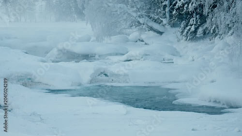 Frozen River in Snow Covered Winter Forest