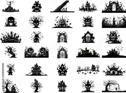 Creepy haunted house silhouettes in dark forest at night