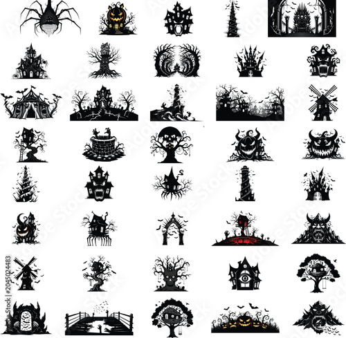 Creepy black and white halloween monsters and spooky decorations set