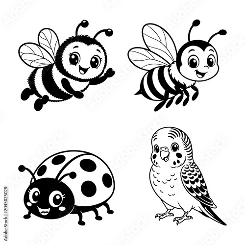 Cute insect and bird cartoon silhouette collection with bumblebee ladybug and budgie, funny black and white nature vector illustration isolated on white background