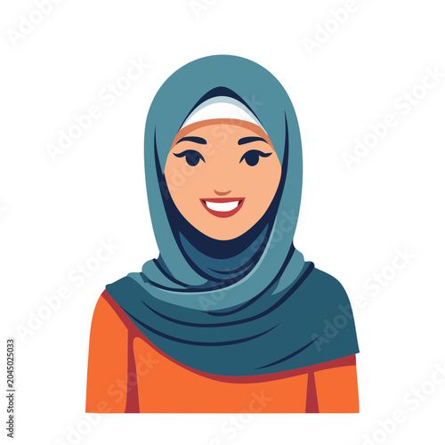 Smiling woman wearing a blue hijab and orange shirt