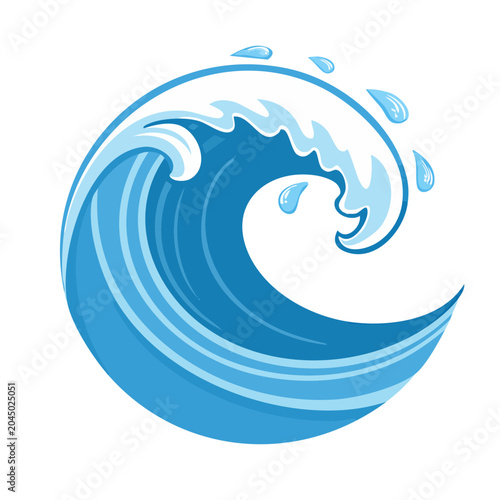 Stylized blue ocean wave with white foam and water splashes