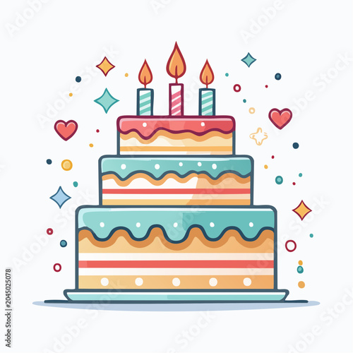 Three Tier Birthday Cake with Candles and Confetti