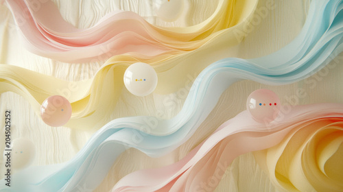 Soft pastel fabric waves mood tracking spheres abstract background gentle flowing lines light yellow pink blue calm serene modern minimal design emotional expression