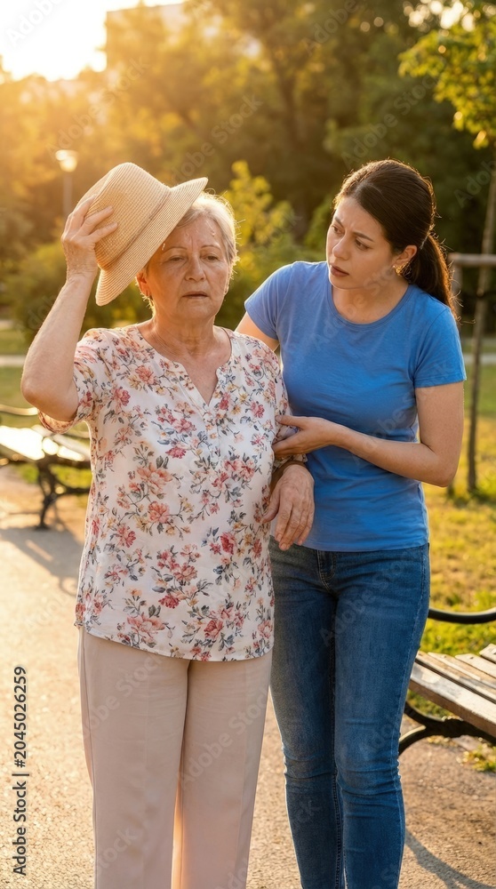 Naklejka premium Elderly woman feeling intense heat, receiving assistance from caring person, hot weather day in natural outdoor setting, experiencing overheating, health concern, peak season