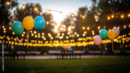 Outdoor garden party with colorful balloons, string lights, picnic tables, and festive atmosphere, perfect for celebrations or gatherings in spacious backyard at sunset