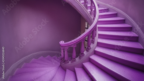 Curved purple staircase spiral design smooth texture elegant railing modern interior vibrant color architectural detail artistic stylish creative dramatic lighting