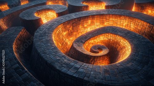 Spiral staircase molten triangle glowing stone abstract labyrinth geometric fantasy orange mysterious dramatic architectural surreal maze pattern illuminated creative futuristic curved artistic