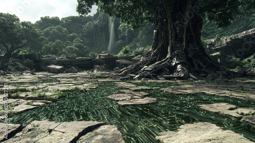 Ancient tree with sprawling roots merges with futuristic circuit patterns, surrounded by lush forest, stone ruins, and waterfall, evoking sense of mystery and harmony