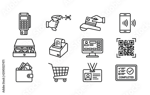 Point of sale technology. Line outline icon set of Point of sale technology: POS machine, barcode scanner, credit card swipe, mobile payment, cash drawer, receipt printer, touchscreen register, QR