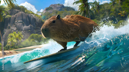 Capybara surfing on tropical waves near scenic beach landscape